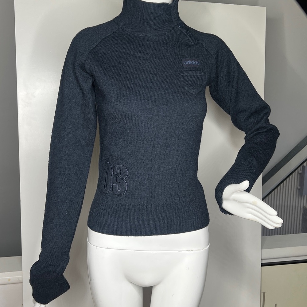 Vintage Adidas XS Navy Blue Three a button Turtleneck Wool Pullover Sweater